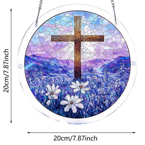 Floral Branches Acrylic Puzzle Sun Catcher For Doors And Windows Two In One Puzzle And Hanging Ornament Kit Easy To Assemble For Stress Relief And DIY Home Decor Blue For Adults showing blue flowers and a cross design.