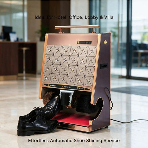 100 Watt Automatic Electric Shoe Polisher With Smart Induction Trigger And Dual Spherical Brushes Plus Integrated Polish Cup For Zero Fuss Killer Shine Ideal For Daily Maintenance Silver, showcased in a hotel lobby.