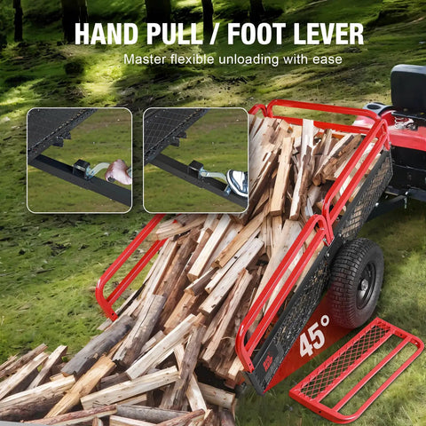 Beefy Heavy Duty ATV Dump Trailer With 1500lb Capacity And 15 Cu Ft Utility Cart Red Steel Railings and wood unloading