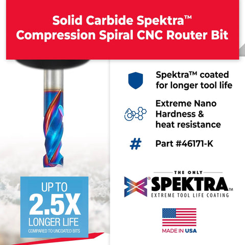 Spektra Extreme Tool Life Coated CNC Compression Spiral Router Bit Two Flute Three Eighths Inch Diameter, Made in USA