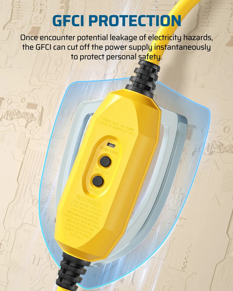 Close-up of Outdoor GFCI Extension Cord 3 Ft Heavy Duty 12/3 SJTW With LED Indicator Light 3 Prong Plug 15A 125V 1875W Yellow UL Listed