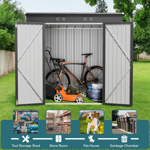 Spacious 6 By 4 Outdoor Storage Shed With Double Lockable Doors Anti Corrosion Metal Construction Waterproof Design, holding a bike and lawn mower.