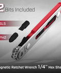Must Have Compact Magnetic One Quarter Inch Mini Ratchet Wrench With 90 Degree Right Angle Screwdriver showing included SL5 and PH2 bits.