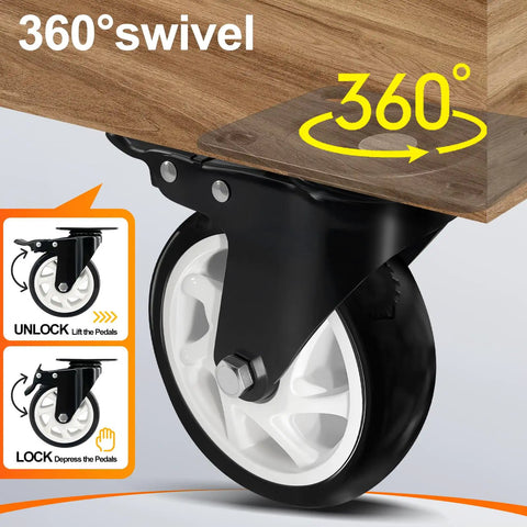 Built Like A Tank 5 Inch Heavy Duty Polyurethane Caster Wheels With Reliable Brakes showing 360° swivel and locking mechanism.