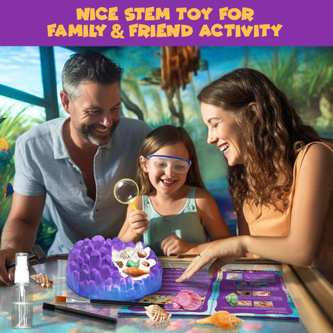 Ocean Fossil Dig Kit For Kids Dig Up Real Shells And Seasnails Excavation STEM Marine Biology And Geology Science Toy 20 Plus Fossils Hidden In A Coral Shaped Dig Brick Educational Hands On Discovery Gift For Boys And Girls Ages 6 And Up, family digs at table