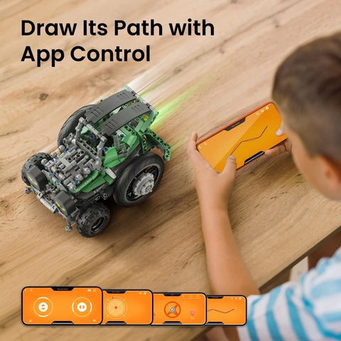 Child controlling Totally Fun 727-Piece 5in1 Robot Car Kit with smartphone app on wooden table