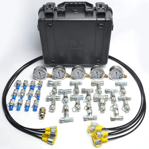 Hydraulic Pressure Test Kit with Five Gauges 150 1500 3500 6000 9000 Psi 14 Tee Connectors 5 Test Hoses 13 Couplings