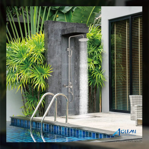 Outdoor Shower Faucet With 8 Inch Rainfall Shower Head Stainless Steel SUS304 All Metal Set Hand Spray 3 Function Combo Brushed Nickel Finish Built Tough For Durable Outdoor Showers next to pool and plants