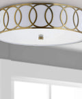 Brass Gold Modern LED Flush Mount Ceiling Light With White Linen Drum Shade And Geometric Fretwork, 15.5 Inch Fixture