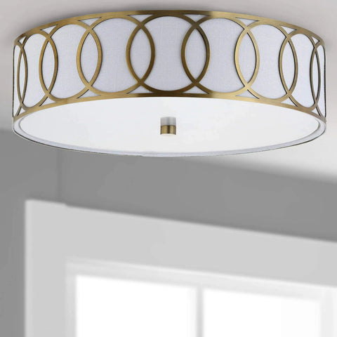 Brass Gold Modern LED Flush Mount Ceiling Light With White Linen Drum Shade And Geometric Fretwork, 15.5 Inch Fixture