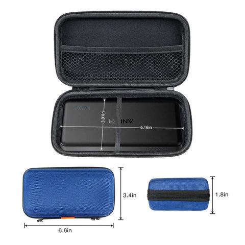 High-Impact Hard EVA Case For Power Bank Cell Phone Mesh Pocket Storage Bag Compact Travel Container with power bank inside, measuring 6.6x3.4x1.8 inches.
