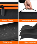Universal Air Pump Case Storage Bag showing strong zipper, comfortable handle, waterproof exterior, and hard material layers.