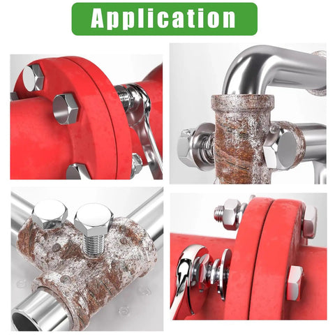 Image showing application of Stainless Steel Hex Bolts Nuts And Washers Kit 260 Piece Set installed on pipes and fittings.
