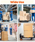 3 In 1 Folding Dolly Cart With Wheels Heavy Duty Hand Truck For 600 Lb Loads, Collapsible With Retractable Handle And Two Straps, Converts To Two Wheel Or Four Wheel Trolley For Warehouse, Home Or Office Use loaded with boxes in warehouse