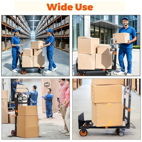 3 In 1 Folding Dolly Cart With Wheels Heavy Duty Hand Truck For 600 Lb Loads, Collapsible With Retractable Handle And Two Straps, Converts To Two Wheel Or Four Wheel Trolley For Warehouse, Home Or Office Use loaded with boxes in warehouse