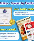 Kiditos Magic Water Elf Toy Kit certificate, Atlanta Parent magazine, and toy gift guide highlights