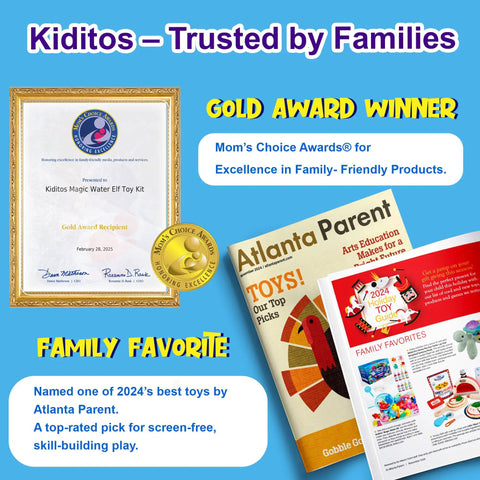Kiditos Magic Water Elf Toy Kit certificate, Atlanta Parent magazine, and toy gift guide highlights