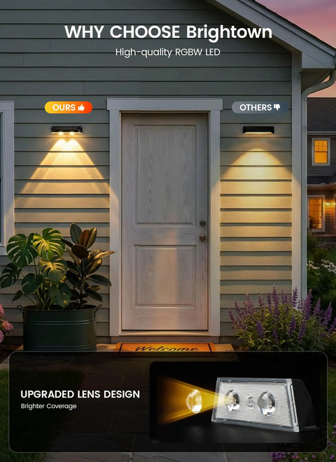 Slick Solar Fence Lights 8 Pack Weatherproof Outdoor Lamp With 3 Warm To Cool Temps And Rgb Dynamic Hue 12 Smart Patterns For Deck Railings Or Yard Edges Pretty Crisp Night Vibes Zero Wiring Fuss Ever installed beside a door.