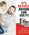 Smiling man and child with drywall repair kit, text 'It's so easy, anyone can use it!' and kit image in corner