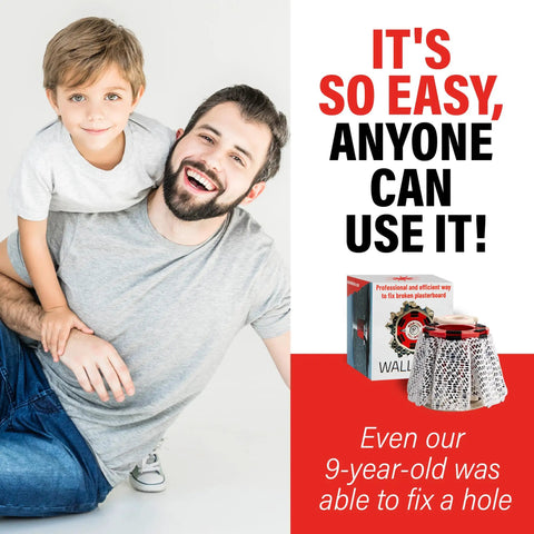 Smiling man and child with drywall repair kit, text 'It's so easy, anyone can use it!' and kit image in corner