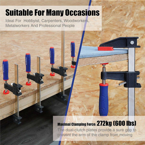 Badass Steel Bar Clamps 2 Pack With 6 Inch Opening And Two And A Half Inch Throat Holding Six Hundred Pounds Zero Slack For Serious Woodworking And Shop Jobs on plywood surface.