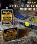 Top Shelf Interior Wood Screws No Sweat Install Heavy Duty Yellow Zinc Coated Carbon Steel Fasteners in storage boxes.