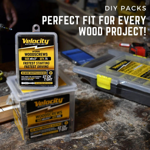 Top Shelf Interior Wood Screws No Sweat Install Heavy Duty Yellow Zinc Coated Carbon Steel Fasteners in storage boxes.