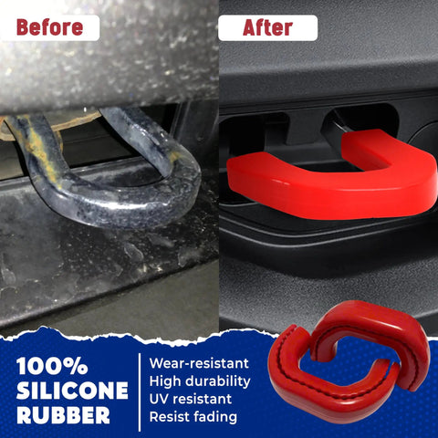 Before and after of Ram Tow Hook Covers For 2019-2026 2500 3500 Front Installation Red Silicone Rubber Upgraded Design Flush Fit