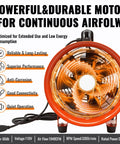 Front view of upgraded 10 inch utility blower fan with 33 foot flexible duct hose, 3300 RPM, low noise, heavy duty 350W AC motor for workshops.