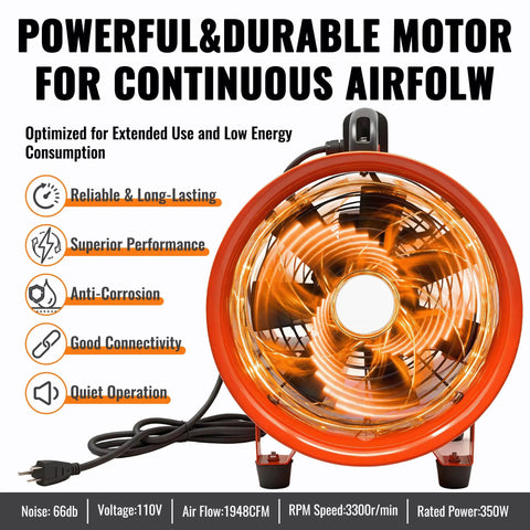 Front view of upgraded 10 inch utility blower fan with 33 foot flexible duct hose, 3300 RPM, low noise, heavy duty 350W AC motor for workshops.