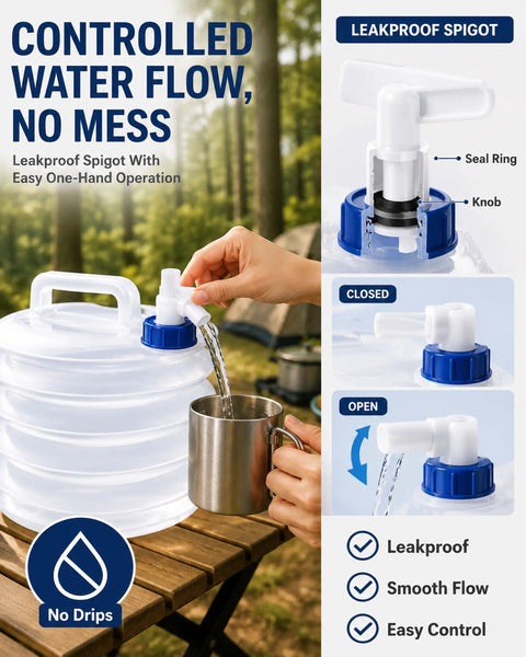Collapsible Water Container With Spigot For Camping And Travel Foldable Water Jug shown with easy pour from spigot into cup