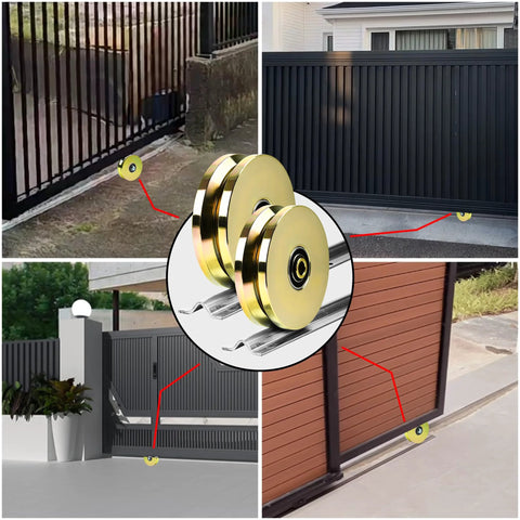 Two-pack 6-inch solid steel V-groove sliding wheels with dual sealed bearings for inverted-V track gates; screws included.