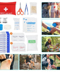 Close-up of 38-piece first aid survival set with various medical supplies from the Survival Gear Pro Kit With 70L Large Camping Backpack.