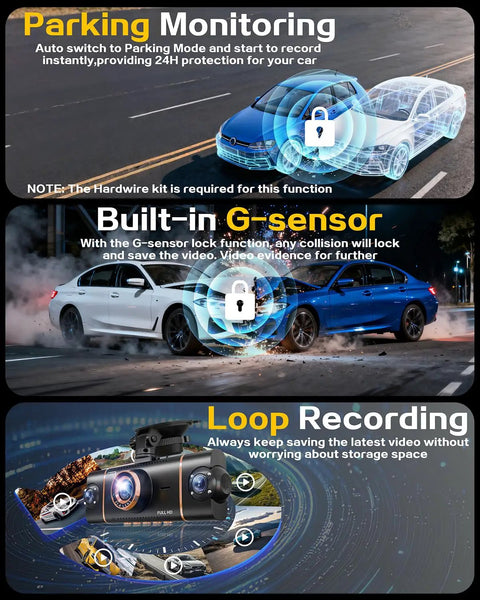Multiple images showing features of 4 Channel 360 Degree Dash Cam With Front Rear Inside Left Right Cams, 4K Front And 1080P Side And Rear Shots, 5GHz WiFi And App Control
