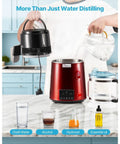 Premium Countertop Water Distiller With Four Liter Capacity And 1750 Watt Powerhouse, featuring glass carafe and stainless steel tank.