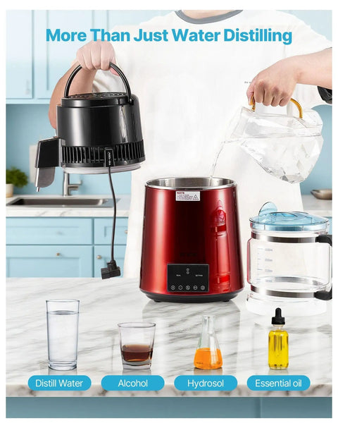 Premium Countertop Water Distiller With Four Liter Capacity And 1750 Watt Powerhouse, featuring glass carafe and stainless steel tank.