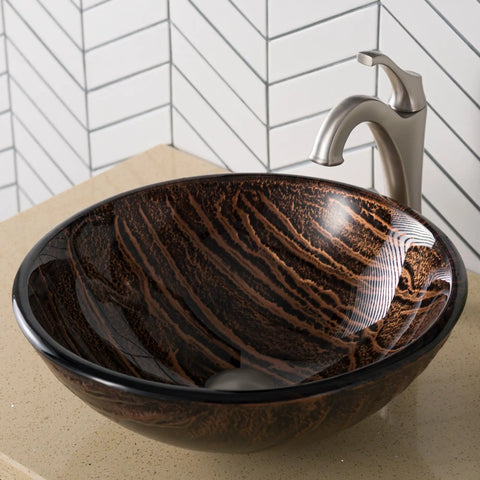 Round Brown Glass Vessel Bathroom Sink 17 Inch with Above Counter Design, Built To Last Scratch Resistant Surface, ceramic counter