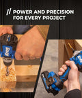 Compact Cordless 20V Drill And 1/4 Inch Impact Driver Combo Kit With Two Reliable Batteries in use on wooden projects.
