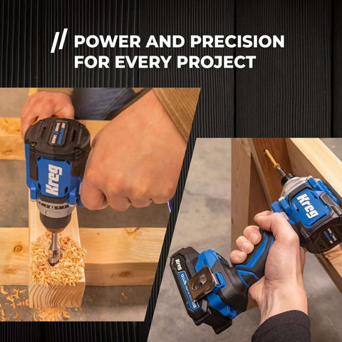 Compact Cordless 20V Drill And 1/4 Inch Impact Driver Combo Kit With Two Reliable Batteries in use on wooden projects.