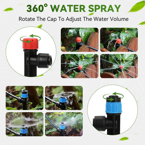 106Ft Drip Irrigation Kit With Quick Connect Tubing showing adjustable emitters and sprinklers for garden beds and plants