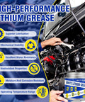 Mechanic applying Do It All Lithium Grease 60 Ml For Hinges, Bearings, Gears And More to engine with text on grease benefits.