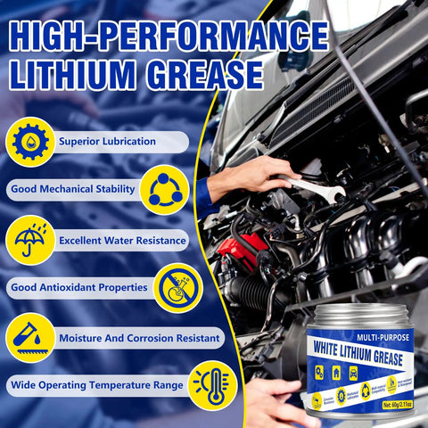 Mechanic applying Do It All Lithium Grease 60 Ml For Hinges, Bearings, Gears And More to engine with text on grease benefits.
