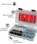 Open case of Must Have License Plate Hardware Kit 400 Piece Variety Pack with labeled compartments and screws.