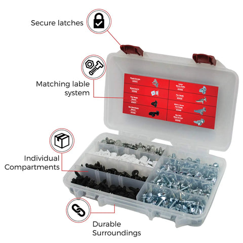Open case of Must Have License Plate Hardware Kit 400 Piece Variety Pack with labeled compartments and screws.