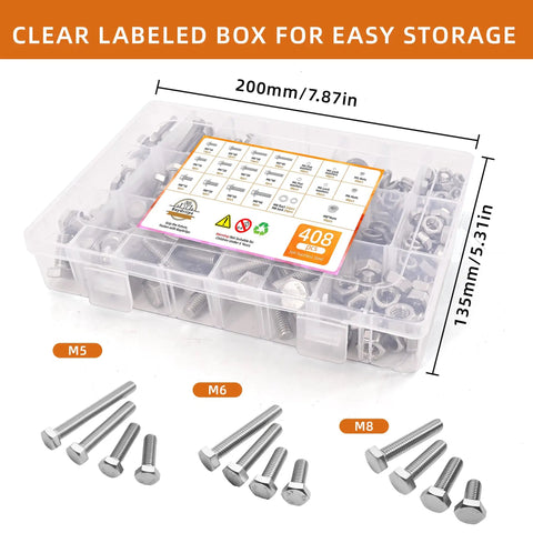 Heavy Duty Metric Bolt And Nut Assortment Kit With 408 Pieces Of M5 M6 M8 Hex Bolts Nuts And Washers In 304 Stainless Steel in organized box.