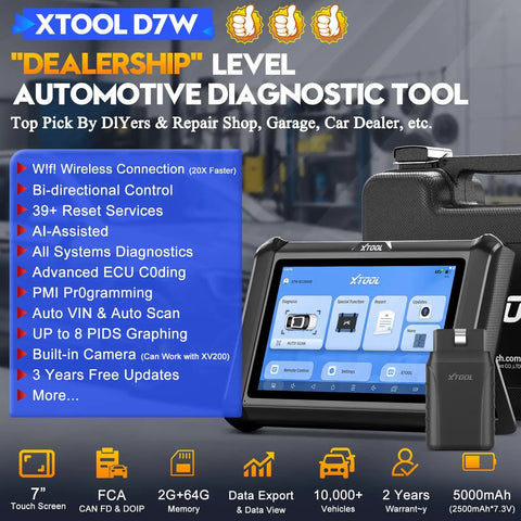 Wireless OBD2 Scanner displaying diagnostic screen, WiFi connectivity and case visible, 2026 upgrade ECU coding features highlighted