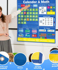 Teacher using Circle Time Calendar Pocket Chart for Classroom with Weather Seasons Emotions and Math Activities.