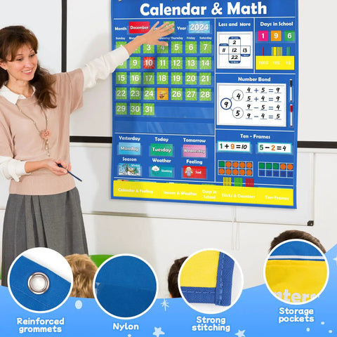 Teacher using Circle Time Calendar Pocket Chart for Classroom with Weather Seasons Emotions and Math Activities.