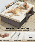 Woman and dog on Rattan Outdoor Daybed With Storage Ottoman And Four In One Functionality Adjustable Backrest In Four Positions