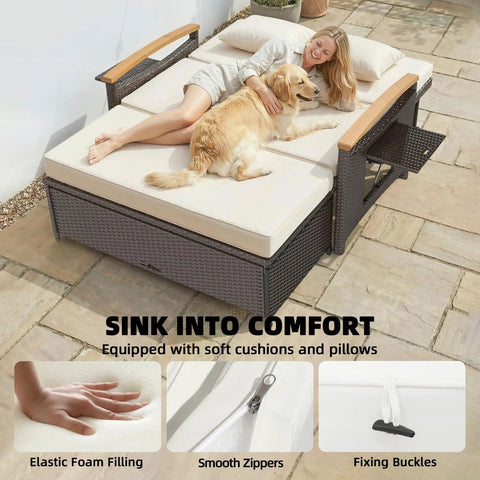 Woman and dog on Rattan Outdoor Daybed With Storage Ottoman And Four In One Functionality Adjustable Backrest In Four Positions